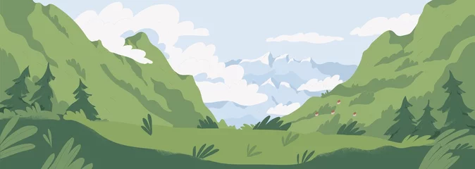 Foto auf Acrylglas Pistache Malerische Sommerlandschaft mit Bergen mit grünem Gras und Bäumen. Panoramablick auf die Fernberge und den bewölkten Himmel. Malerische Naturszene. Farbige flache strukturierte Vektorillustration