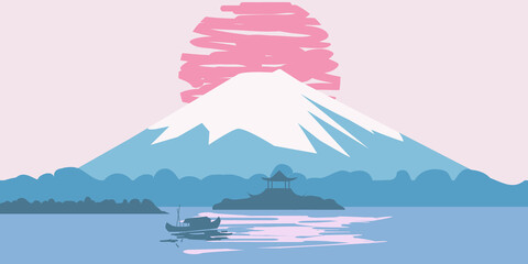 Fuji Mountain sunrise landscape Japan panorama. Lake sun boat Asian temple