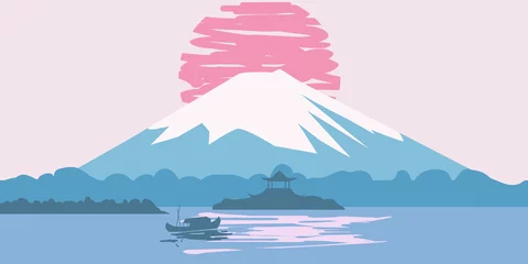 Photo sur Plexiglas Bleu Fuji Mountain sunrise landscape Japan panorama. Lake sun boat Asian temple