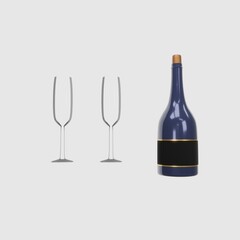 Realistic bottle and glasses of champagne isolated on a white background, 3d rendering.
