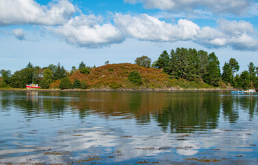 Fototapeta premium Isla en lago con nubes reflejadas