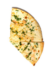 Sliced salmon pizza with cream cheese and mozzarella isolated on white, top view