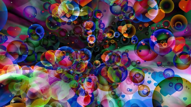 dark abstract dimension rainbow bubbles with dancing hearts floating on black screen with white star theme valentine day and love motion