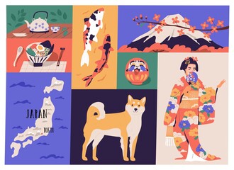 Collage of Japanese national culture, art and traditions. Traditional cuisine, dharma doll, map of Japan, geisha in kimono, Akita Inu dog, Fuji mountain and koi fishes. Color flat vector illustration