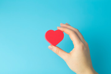 Heart in the hands of a female on a colored background. Donation, charity, health treatment, help concept. Background for Valentine's Day (February 14) and love. - obrazy, fototapety, plakaty