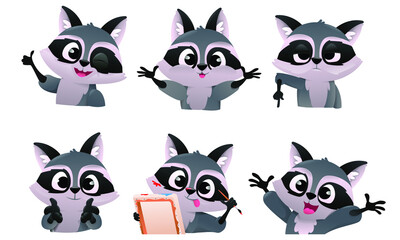 Set of cartoon raccoon. Funny raccoon characters in different situations. Emotions little raccoon. Flat illustration with cute raccoon isolated on white background. Vector illustration