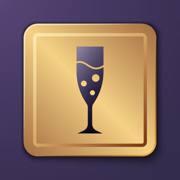 Purple Glass Of Champagne Icon Isolated On Purple Background. Gold Square Button. Vector.