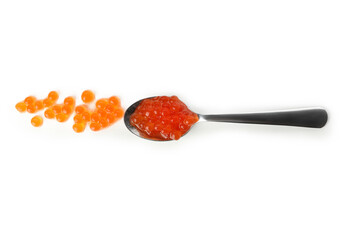 Spoon with red caviar isolated on white background