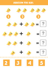 Addition worksheet with cartoon yellow chicken. Math game.