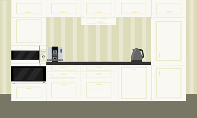 White kitchen with modern design, coffee machine. Flat design vector.