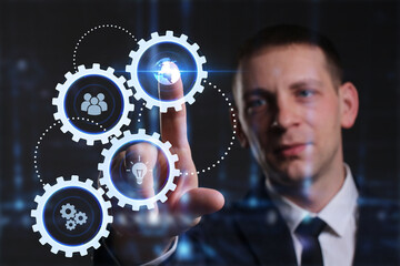 Business, Technology, Internet and network concept. Young businessman working on a virtual screen of the future and sees the inscription: