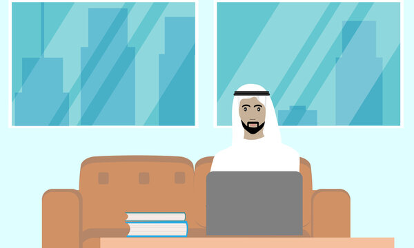 Arabian working man with laptop in the home. Flat design, vector.