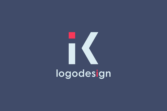 Abstract Initial Letter I and K Linked Logo. White Geometric Shape with Red Square Dot isolated on Blue Background. Usable for Business and Branding Logos. Flat Vector Logo Design Template Element.