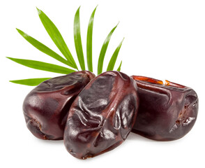 date fruits with green leaves isolated on white background. clipping path.