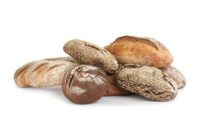 Loaves of delicious fresh bread on white background