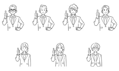 サムズアップするビジネスマンとビジネスウーマンのセット　線画
