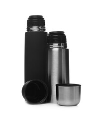 Different modern thermoses and cups isolated on white