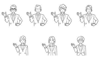 Naklejka premium 手のひらで案内するビジネスマンとビジネスウーマンの上半身のセット 線画 