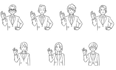 手でOKのサインを出すビジネスマンとビジネスウーマンの上半身のセット　線画
