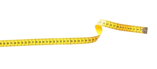 New yellow measuring tape isolated on white, top view