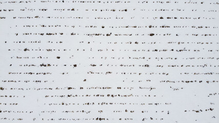 Aerial top view of a corn field covered by snow, creating horizontal line patterns in Kanata, ottawa. Ottawa, Ontario, Canada