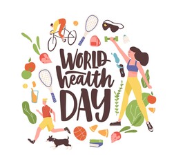 World Health Day inscription with bundle of elements and characters of healthy life. People exercising, running, riding bike. Colored flat vector illustration isolated on white background