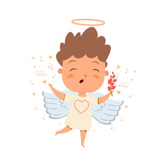Cute cupid boy character singing with flowers. Happy Valentine's day vector illustration. Cute baby angel. Adorable child with wings in cartoon style. Romantic concept. Angelic beings on white 