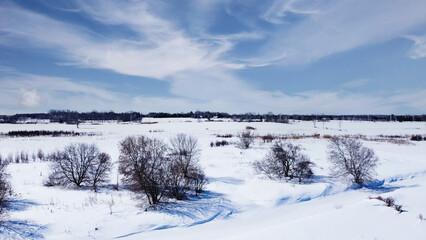 Aerial top view of trees next to a frozen river in winter , surrounded by snow. Kanata neighborhood seen in the background. Ottawa, Ontario, Canada
