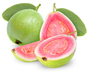 Pink guava fruit with leaf isolated on white background, Fresh Pink guava on White With clipping path.