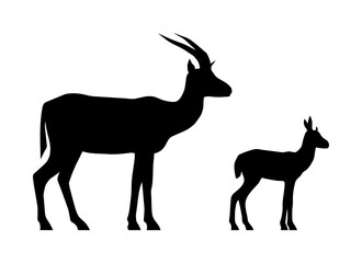 Black silhouettes of standing gazelle and calf isolated on white background. Vector illustration