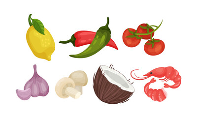Hot Pepper and Tomatoes as Ingredients for Tom Yum or Tom Yam Thai Soup Vector Set