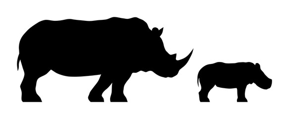 Black silhouettes of standing rhinoceros and calf isolated on white background. Vector illustration