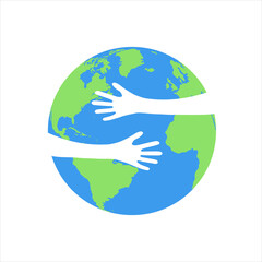 Planet Earth with a hug. Earth with human hands. Vector illustration of earth day.Vector illustration