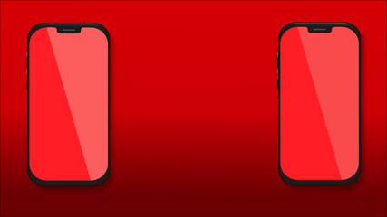 Illustration of Two smart phones, in a red background. In the center large Copy Space. 