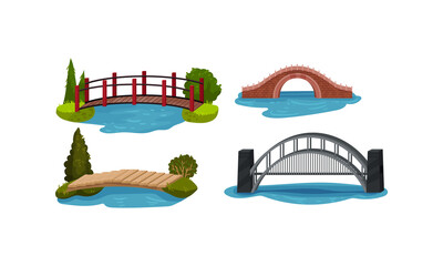 Wooden and Metal Bridge as Road Over Water Vector Set