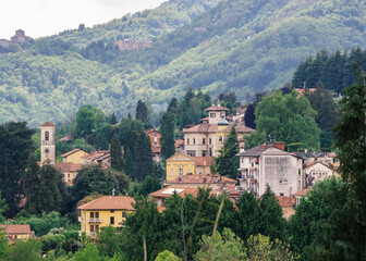 Fototapeta na wymiar aerial view of a village with few houses on the hills of Piedmont immersed in the green of the woods.Biella, Italy.