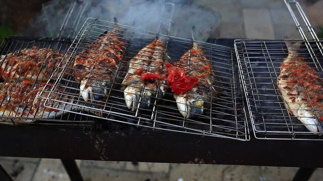 Dorado fish grilled over charcoal. Close-up shot cooking seafish with aromatic spices on barbecue grill plate. Baking roasting marinated delicious seafood. BBQ in summer garden outdoors in Cyprus