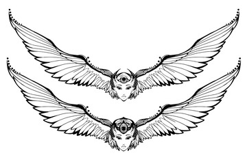 A black and white bird with a woman's face and large wings. Isolated vector tattoo on white background.