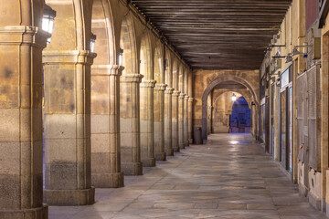 Salamanca - The porticoes of Plaza Mayor square at morning dusk.