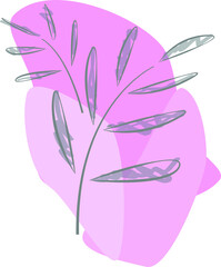 Hand drawn gray branches on light blots. Vector flat illustration in pastel colors with minimalistic tree twig with leaves. Modern art style and abstract shapes composition. Design for posters, cards.