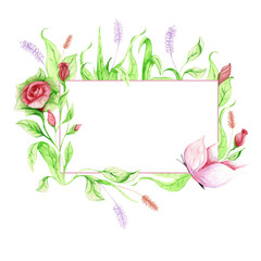 Frame made of hand-drawn floral elements with green petals, rosebuds and a butterfly. Watercolor drawing frame for text on a white background. Copyspace
