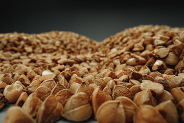 Macro photo of handful dry buckwheat grain