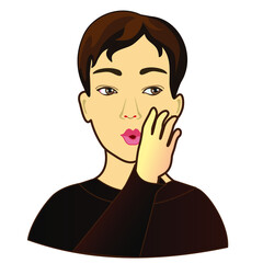 emoji spreading rumors by whispering to someone's ear, funny cartoon character with simplistic facial expression, hand drawn man emoticon, vector illustration