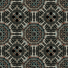 Textured seamless pattern. Tapestry vector background. Repeat grunge backdrop. Embroidery tribal ethnic style greek ornaments. Geometric design. Embroidered greek key, meanders, frames, shapes, lines