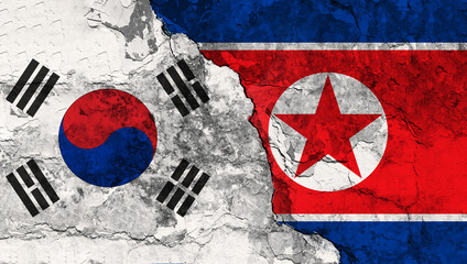 Concept of the Relationship between the Republic of Korea (South Korea) and the Democratic People's Republic of Korea (North Korea) with painted flags on a wall with a crack