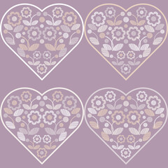 Fototapeta na wymiar Seamless background of decorative flowers and hearts. Valentine's Day. Design with manual hatching. Ethnic boho ornament. Textile. Vector illustration for web design or print.