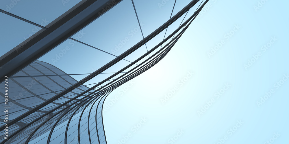 Aufkleber Low angle view of futuristic architecture, Skyscraper of office building with curve glass window, 3D rendering.