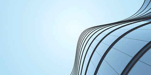 Low angle view of futuristic architecture, Skyscraper of office building with curve glass window, 3D rendering.
