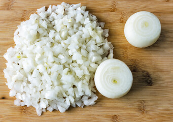 Cut white onions on a cutting board