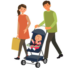 ベビーカーを押して歩く家族連れ